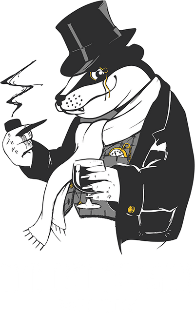 Cartoon dog in formal attire with a top hat and monocle, holding a glass.