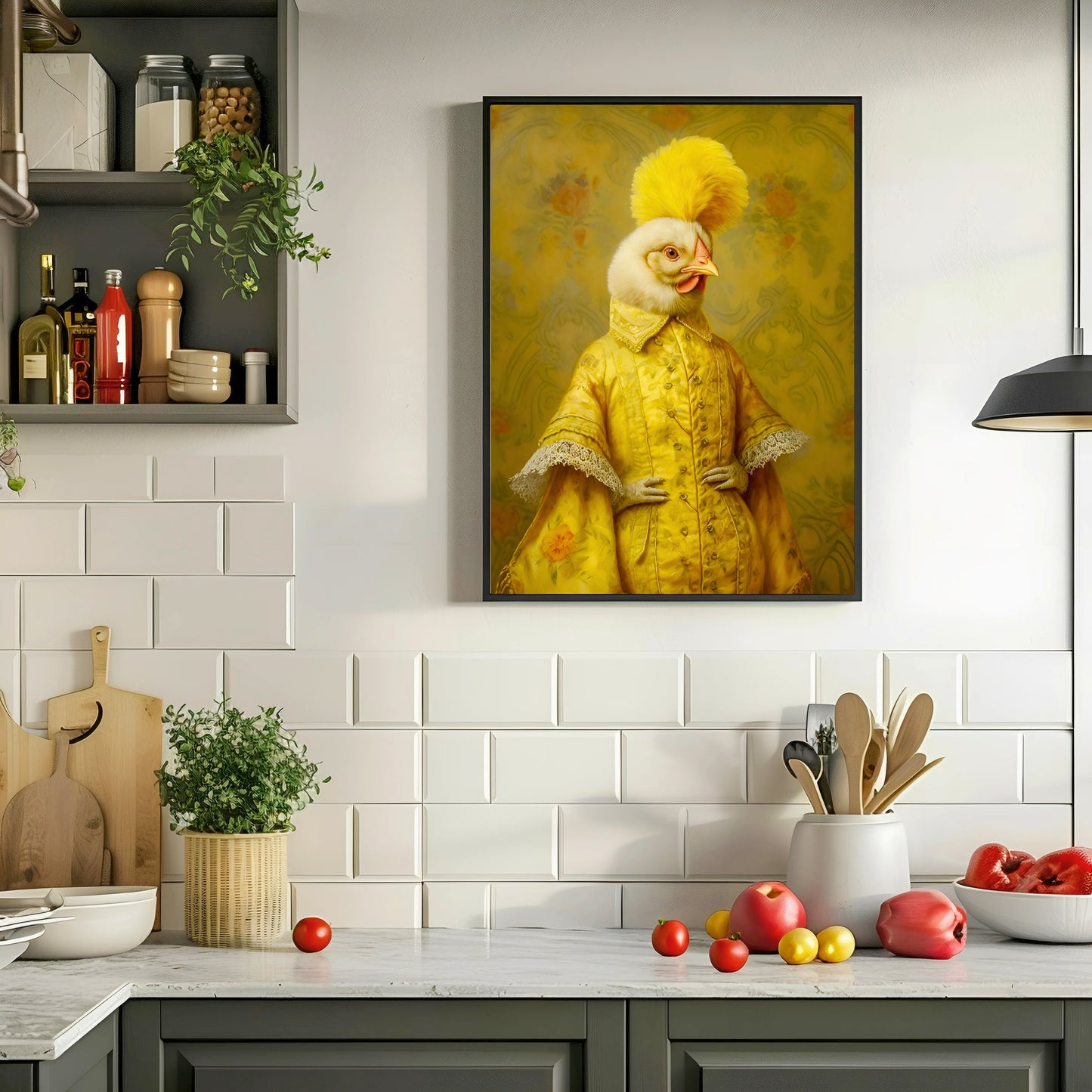 Kitchen interior with a painting of a chicken in a yellow coat on the wall.