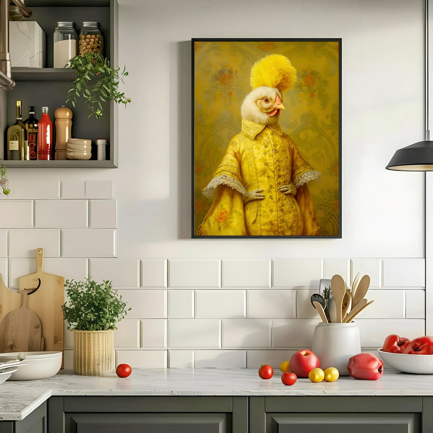 Kitchen interior with a painting of a chicken in a yellow coat on the wall.