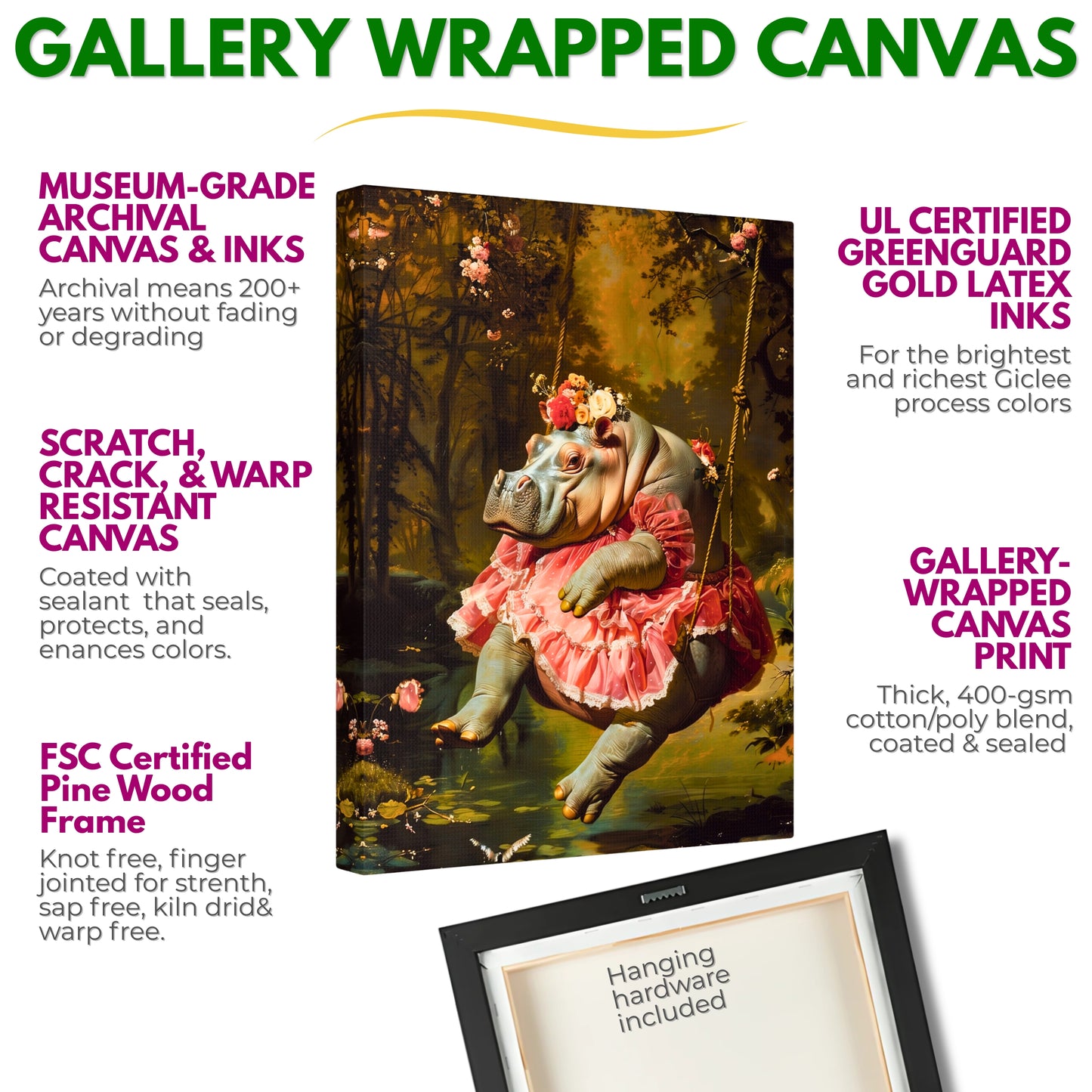 Lady Hippo on Swing Canvas Art Print | Rococo Style Art Stretched Canvas Print