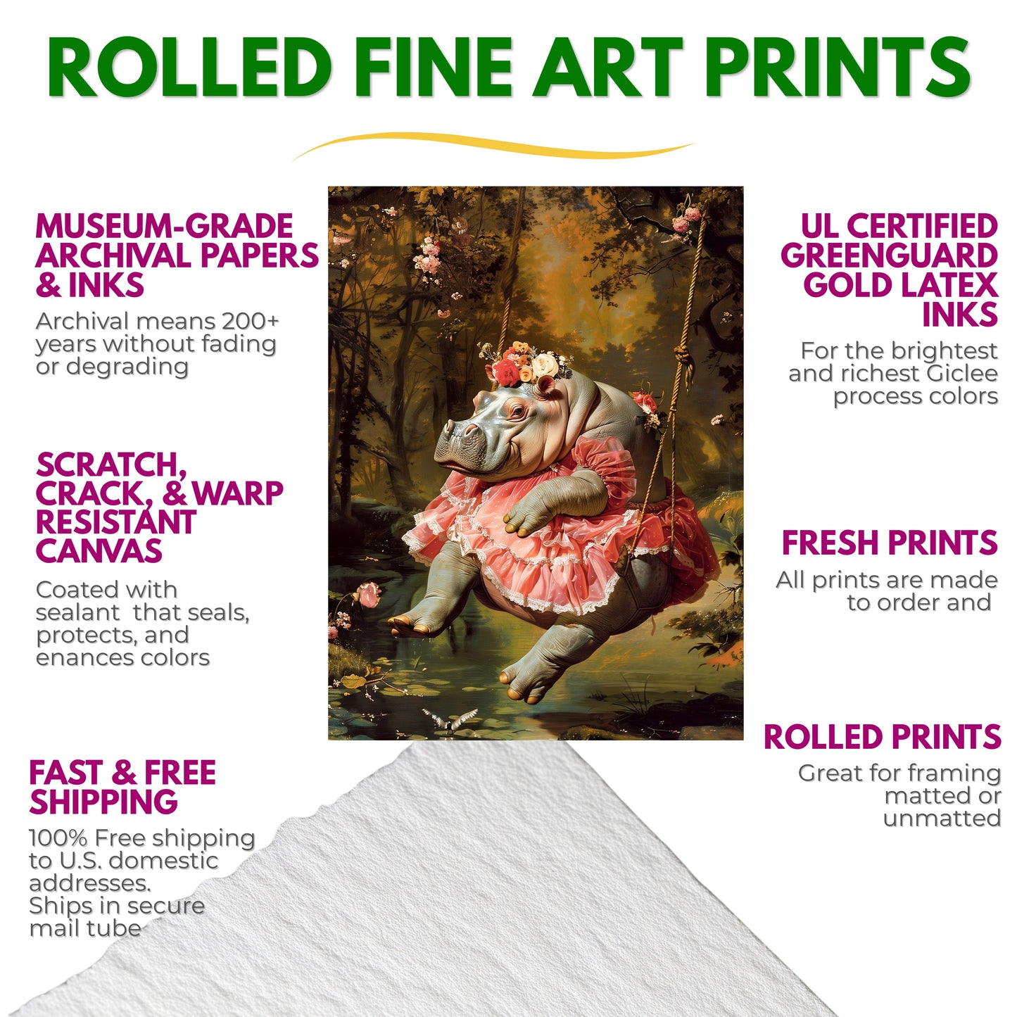 Lady Hippo on Swing | Rococo Style Fine Art Print (Rolled)