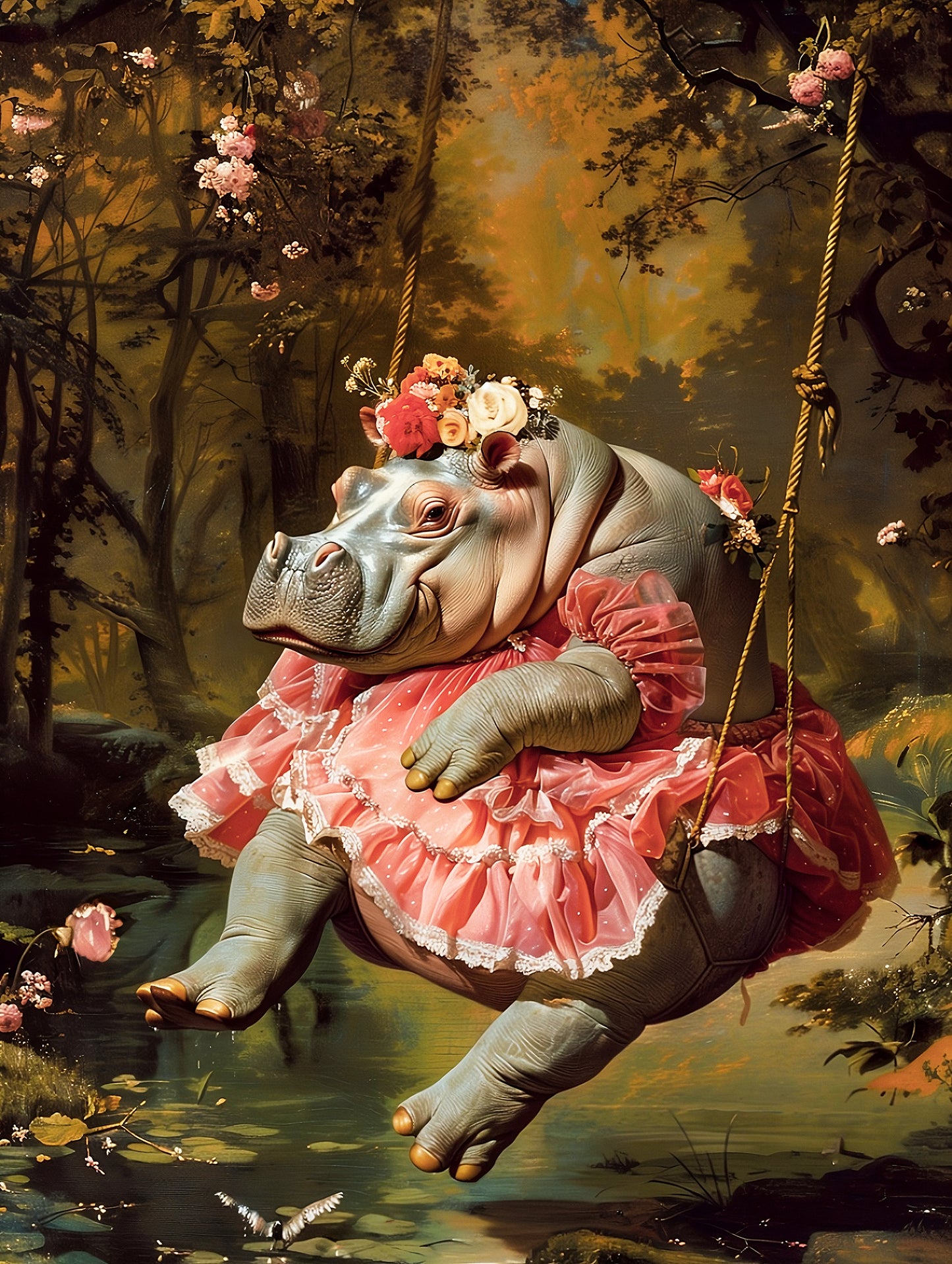 Lady Hippo on Swing Canvas Art Print | Rococo Style Art Stretched Canvas Print