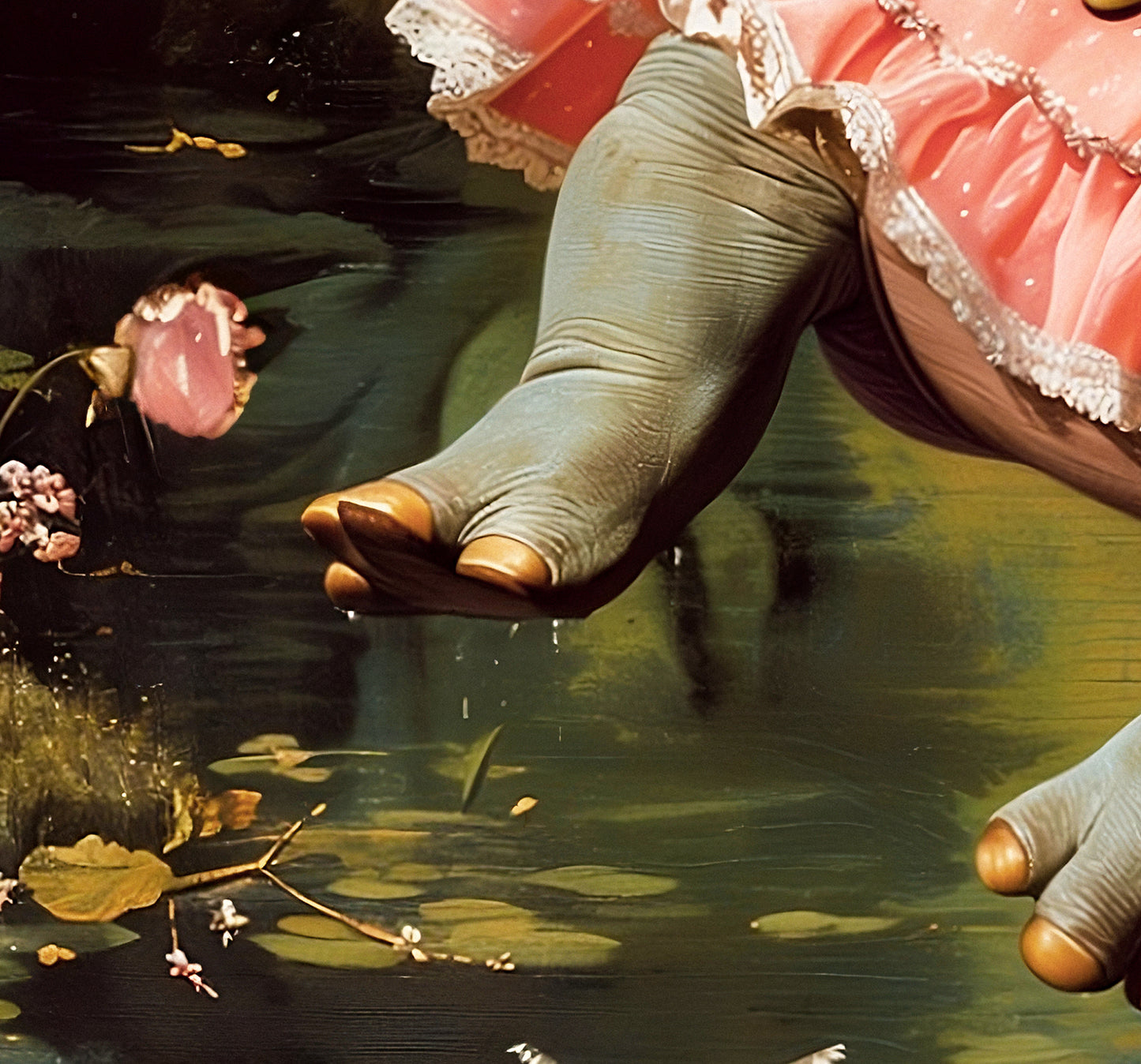 Lady Hippo on Swing Canvas Art Print | Rococo Style Art Stretched Canvas Print