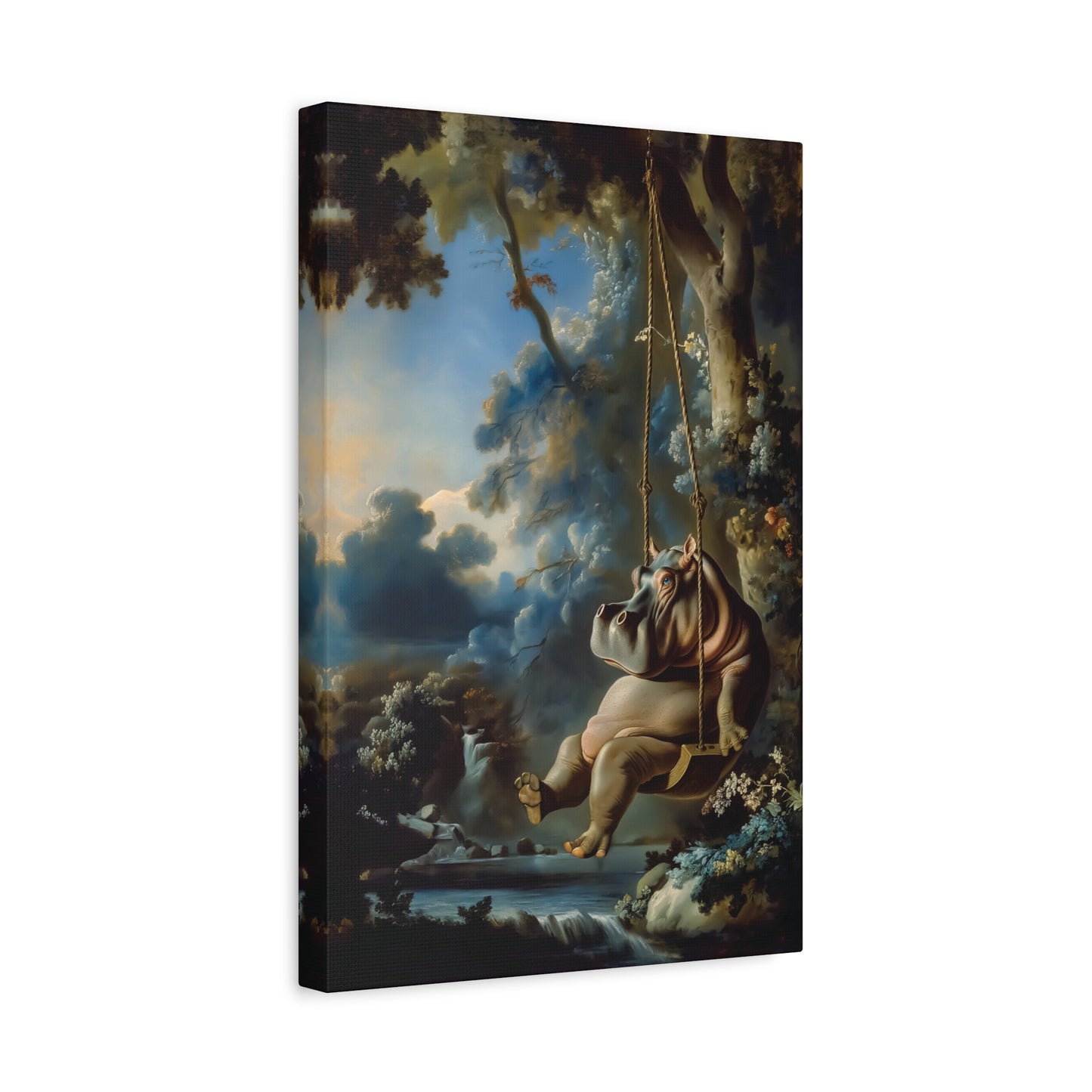 Rococo Hippo on Swing Canvas Art Print - Giclee Masterpiece, Large Whimsical Wall Decor