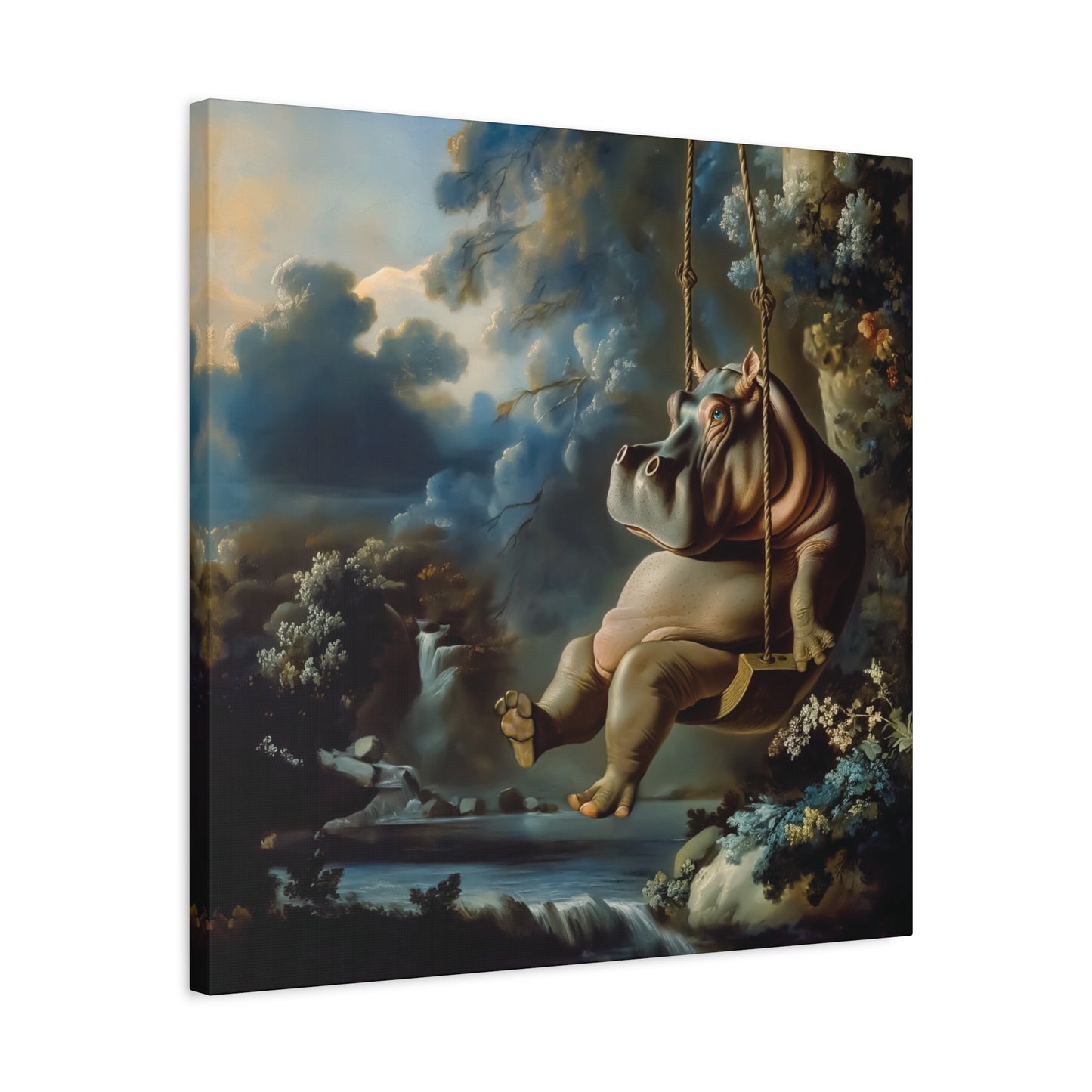 Rococo Hippo on Swing Canvas Art Print - Giclee Masterpiece, Large Whimsical Wall Decor