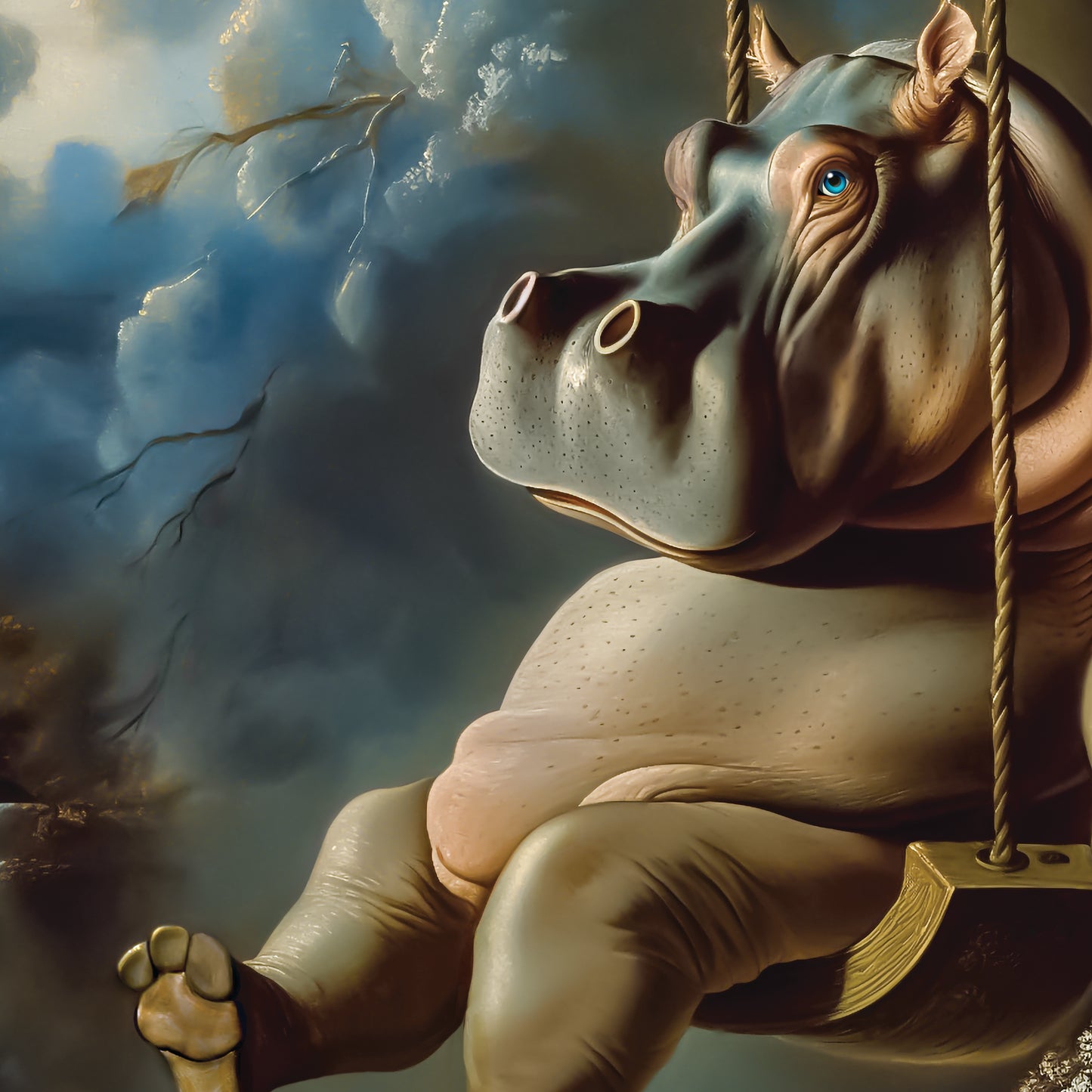Rococo Hippo on Swing Canvas Art Print - Giclee Masterpiece, Large Whimsical Wall Decor