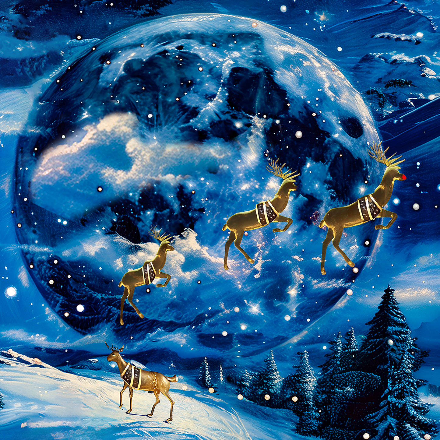 Santa Moon Lit Sleigh Ride Wrapping Paper Rolls – Dreamlike Christmas Magic with Golden Reindeer