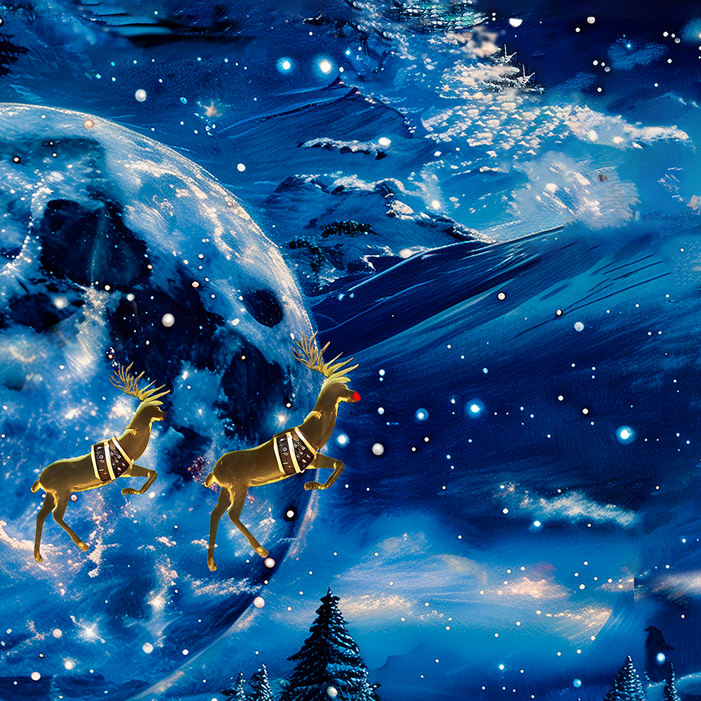 Santa Moon Lit Sleigh Ride Wrapping Paper Rolls – Dreamlike Christmas Magic with Golden Reindeer