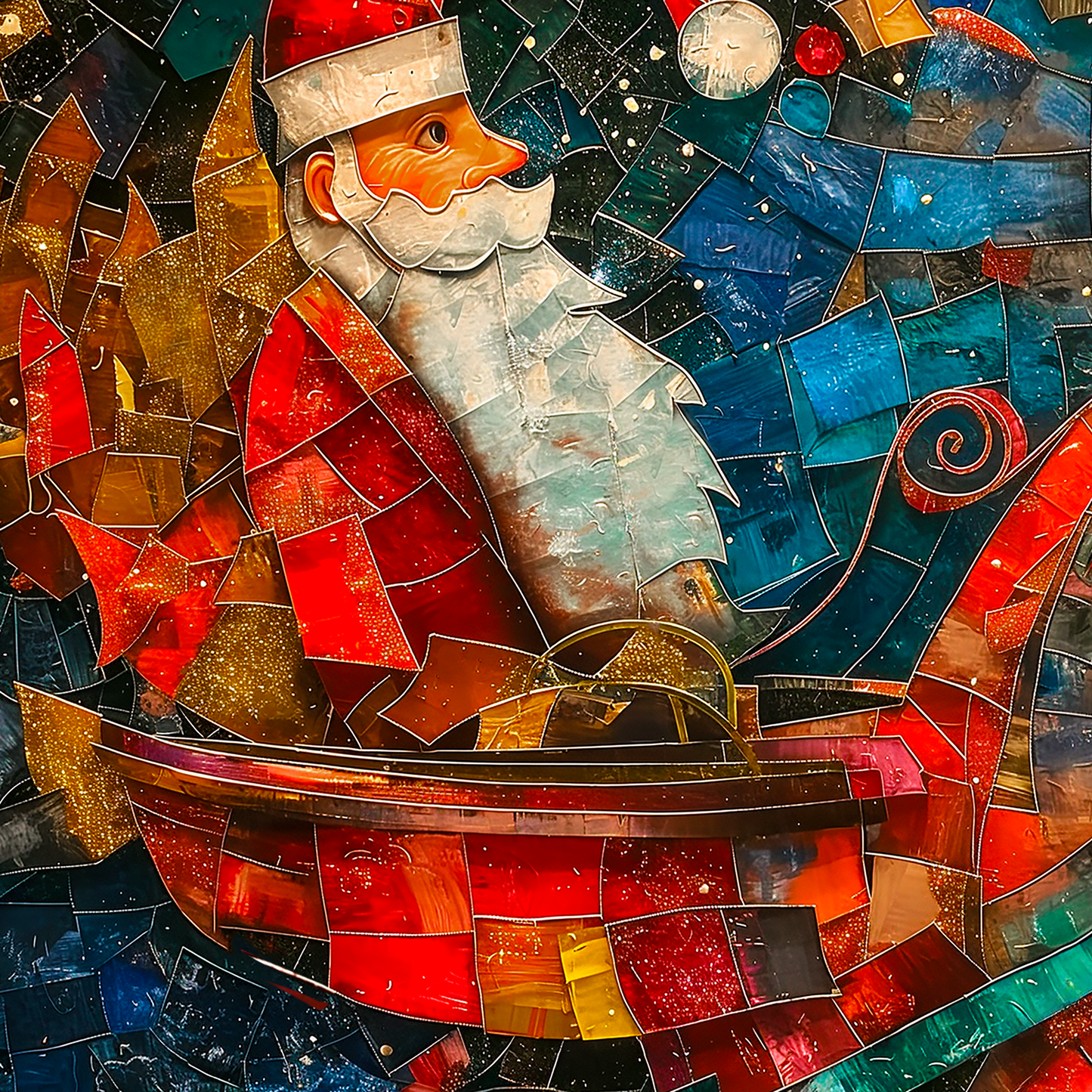 Mosaic Santa Claus and Sleigh Vintage Christmas Wrapping Paper – Classic Holiday Gift Wrap Rolls