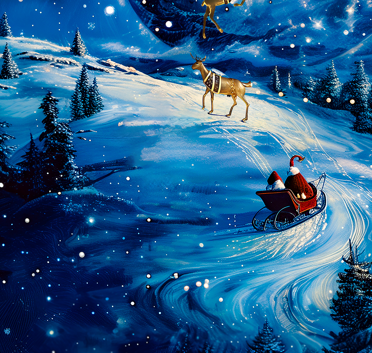 Santa Moon Lit Sleigh Ride Wrapping Paper Rolls – Dreamlike Christmas Magic with Golden Reindeer