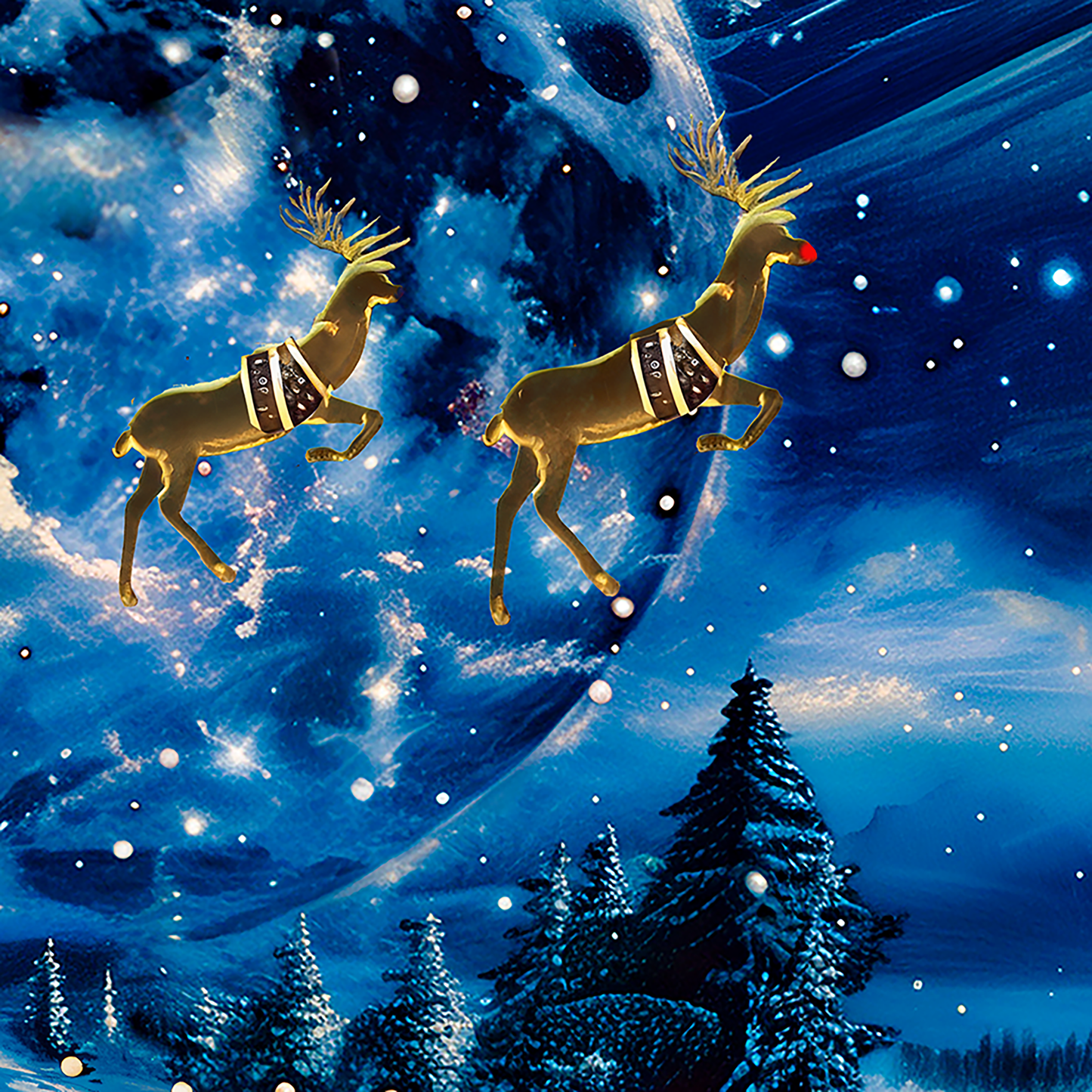 Santa Moon Lit Sleigh Ride Wrapping Paper Rolls – Dreamlike Christmas Magic with Golden Reindeer