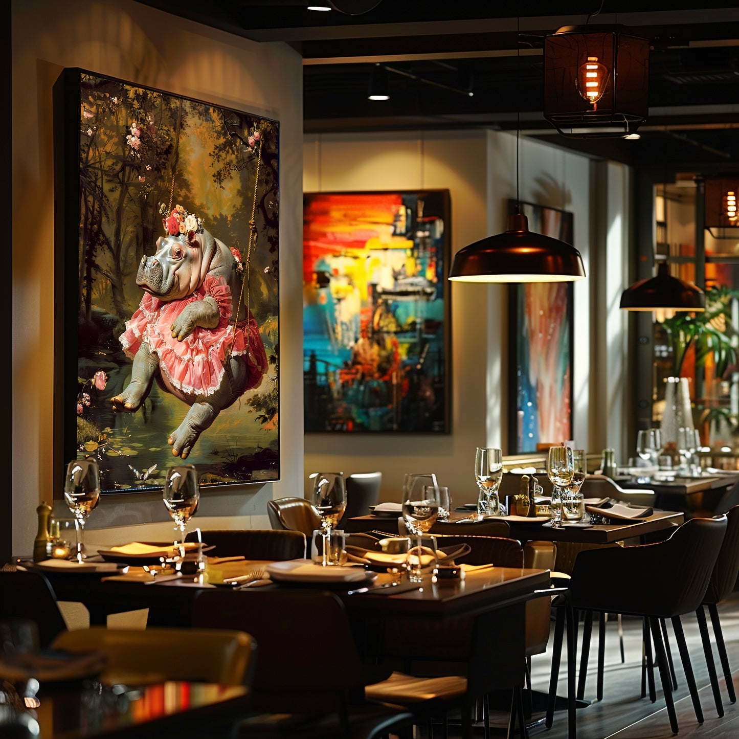 Lady Hippo on Swing Canvas Art Print | Rococo Style Art Stretched Canvas Print