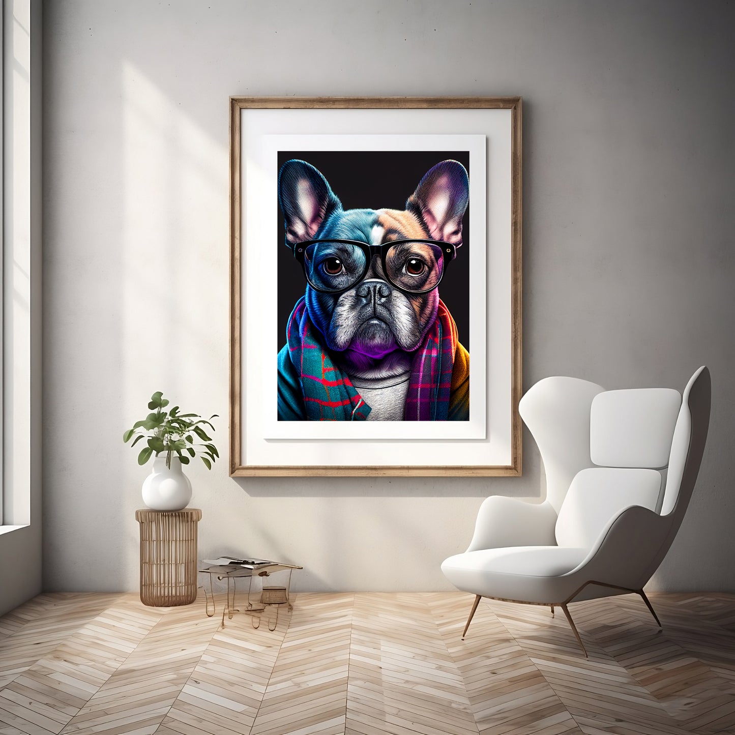 Chic French Bulldog Canvas Print - Hipster Dog with Glasses and Scarf Wall Art from The Curated Goose