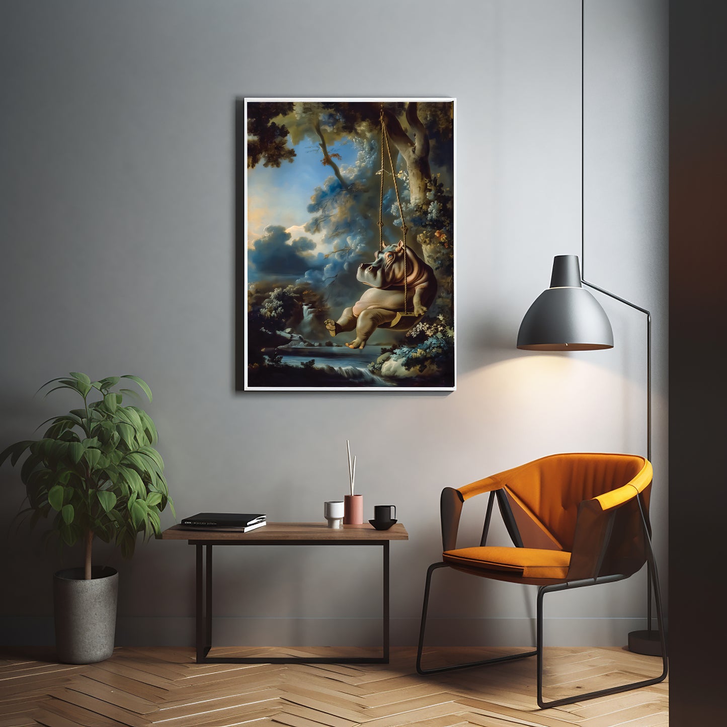 Rococo Hippo on Swing Canvas Art Print - Giclee Masterpiece, Large Whimsical Wall Decor