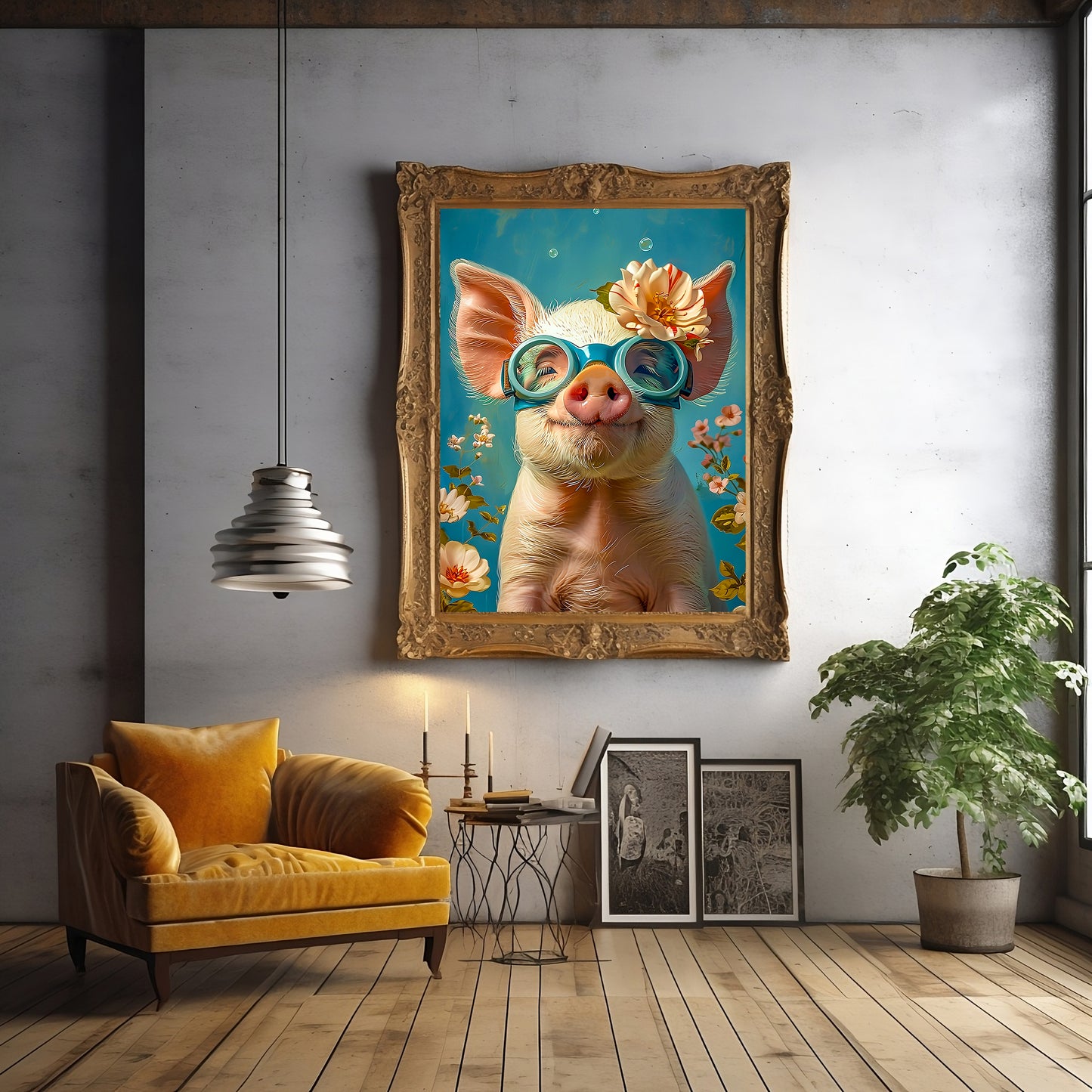 Pig with Spring Flowers Canvas Art: Playful Kids Room Decor