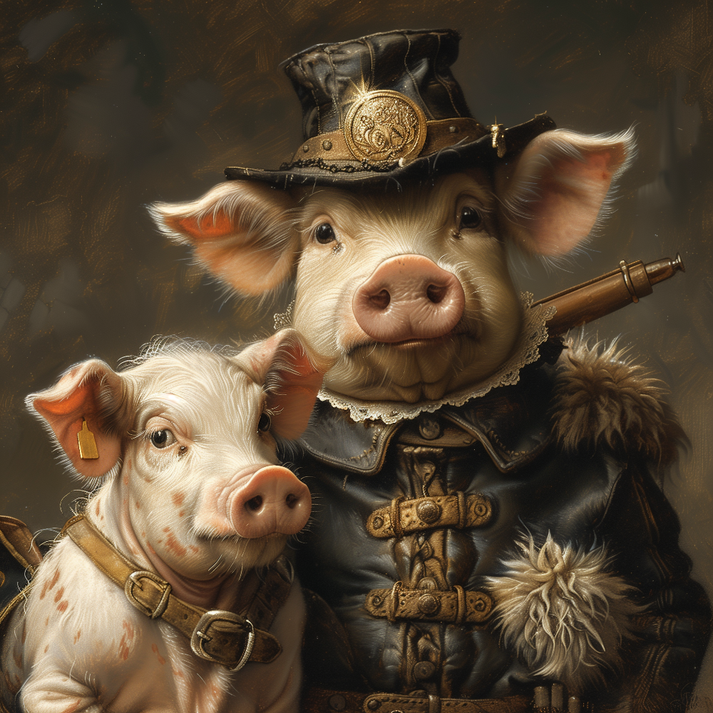 Two pigs in steampunk attire with hats and coats against a dark background
