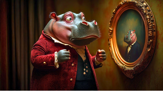a hippo is frustrated looking at a portrait