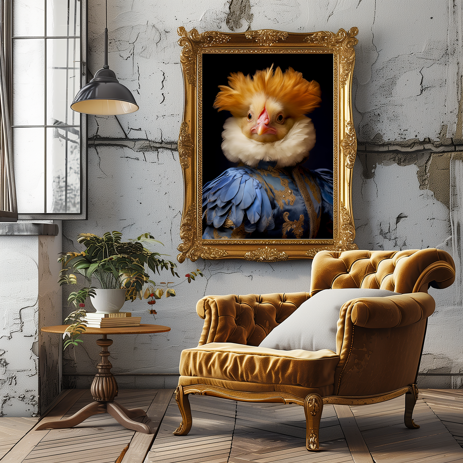 A framed portrait of a Victorian bird in an upscale apartment.