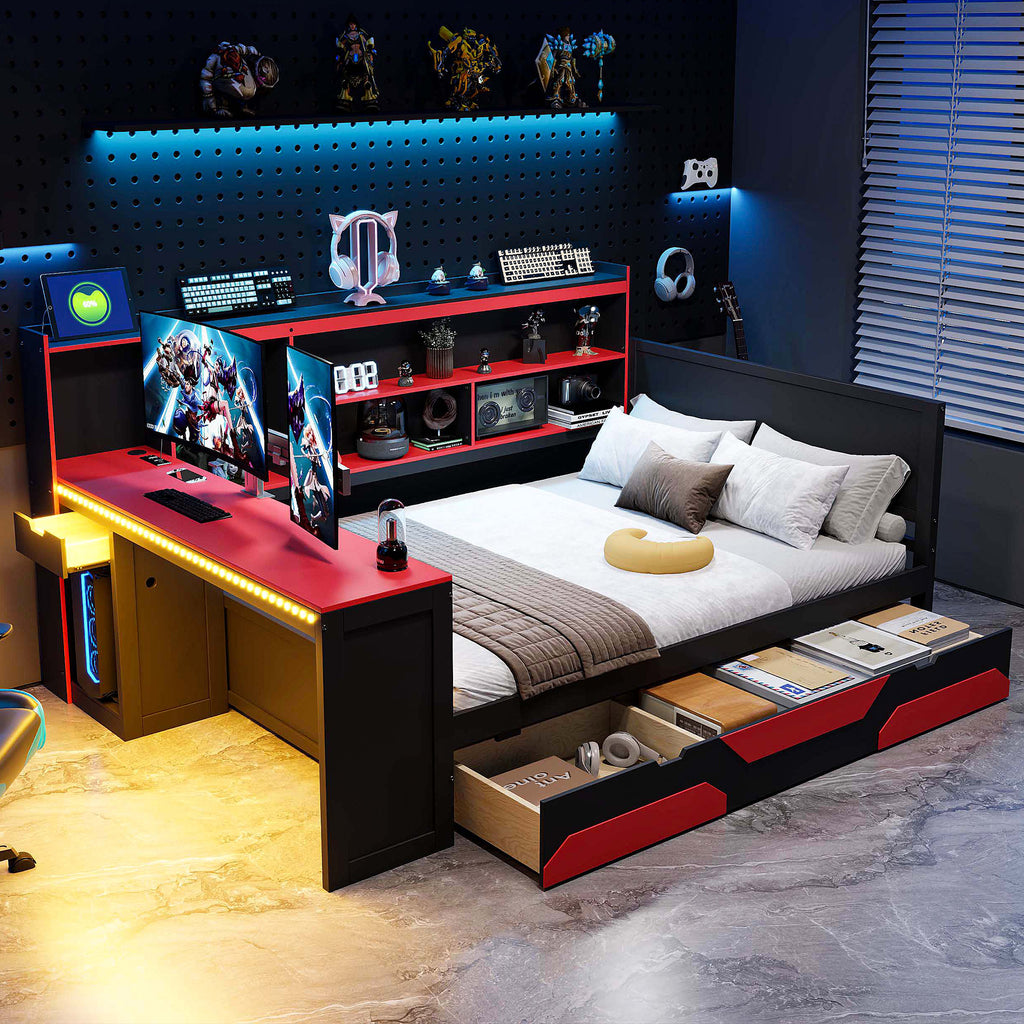 Gaming Daybed Full Size, Black Red, Desk and Lights, 3 Storage Drawers