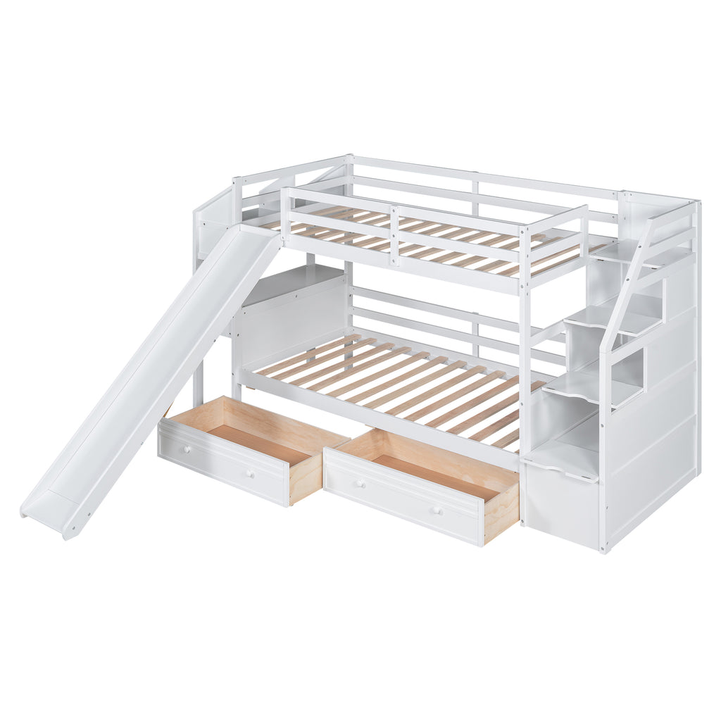 White Twin over Twin Bunk Bed with Storage Staircase, Slide, Desk, Drawers, and Shelves - Pine Wood & MDF