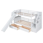 White Twin over Twin Bunk Bed with Storage Staircase, Slide, Desk, Drawers, and Shelves - Pine Wood & MDF