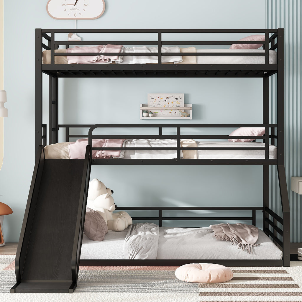Twin over Twin over Full Bunk Bed with Slide, Metal Triple Bunk Bed with Safety Guardrails, Heavy-duty Bunk Bed with Noise-reduced Design, Black
