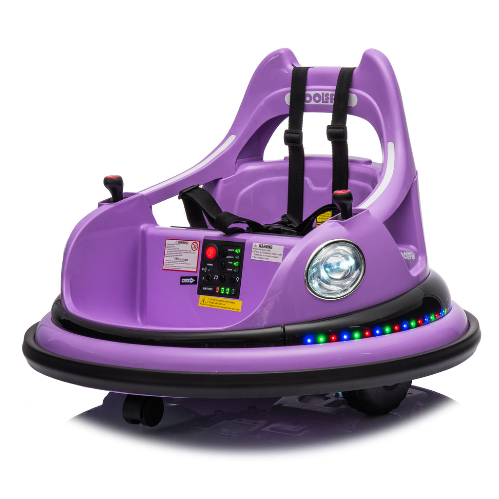 Bumper Car Purple 12V Ride On With Remote Control 360 Spin LED Lights