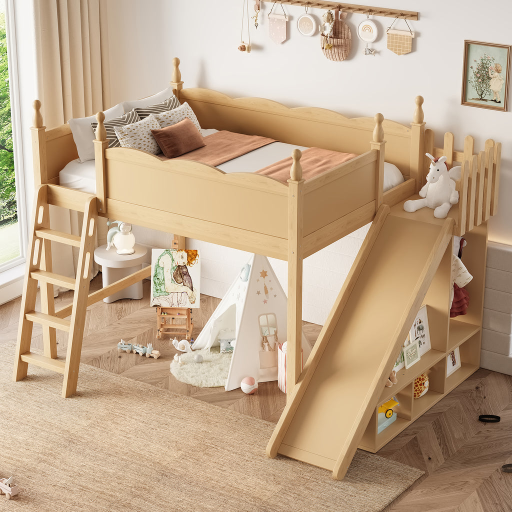 Full Loft Bed with Storage Shelves and Wardrobe, Solid Wood Loft Beds with Detachable Slide and Ladders, No Spring Box Needed,Natural.(Patent Protection)
