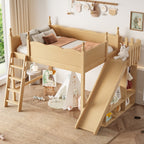 Full Loft Bed with Storage Shelves and Wardrobe, Solid Wood Loft Beds with Detachable Slide and Ladders, No Spring Box Needed,Natural.(Patent Protection)