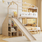 House-Shaped Wooden Bunk Bed with Slide & Storage Staircase, Twin Over Twin/Full Kids Bed Frame, Beige+White