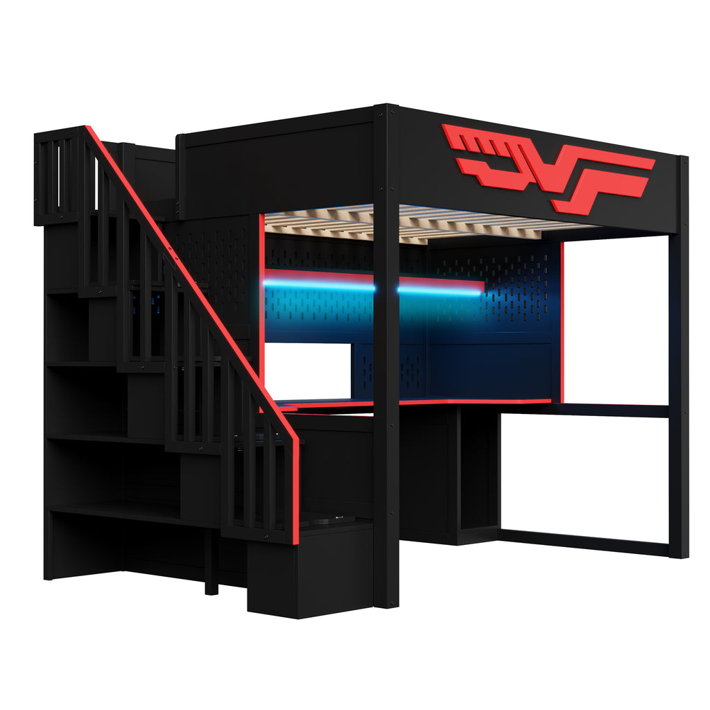 Gaming loft bed with desk, storage stairs, LED lighting, red/black finish, full-size, solid wood and MDF.
