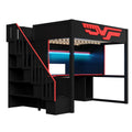 Gaming loft bed with desk, storage stairs, LED lighting, red/black finish, full-size, solid wood and MDF.
