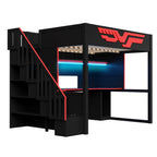 Gaming loft bed with desk, storage stairs, LED lighting, red/black finish, full-size, solid wood and MDF.