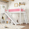 Twin Loft Bed with Storage Shelves and Wardrobe, Solid Wood Loft Beds with Detachable Slide and Ladders, No Spring Box Needed, Pink and White (Patent Protection)