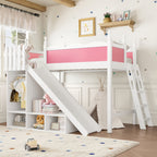 Twin Loft Bed with Storage Shelves and Wardrobe, Solid Wood Loft Beds with Detachable Slide and Ladders, No Spring Box Needed, Pink and White (Patent Protection)