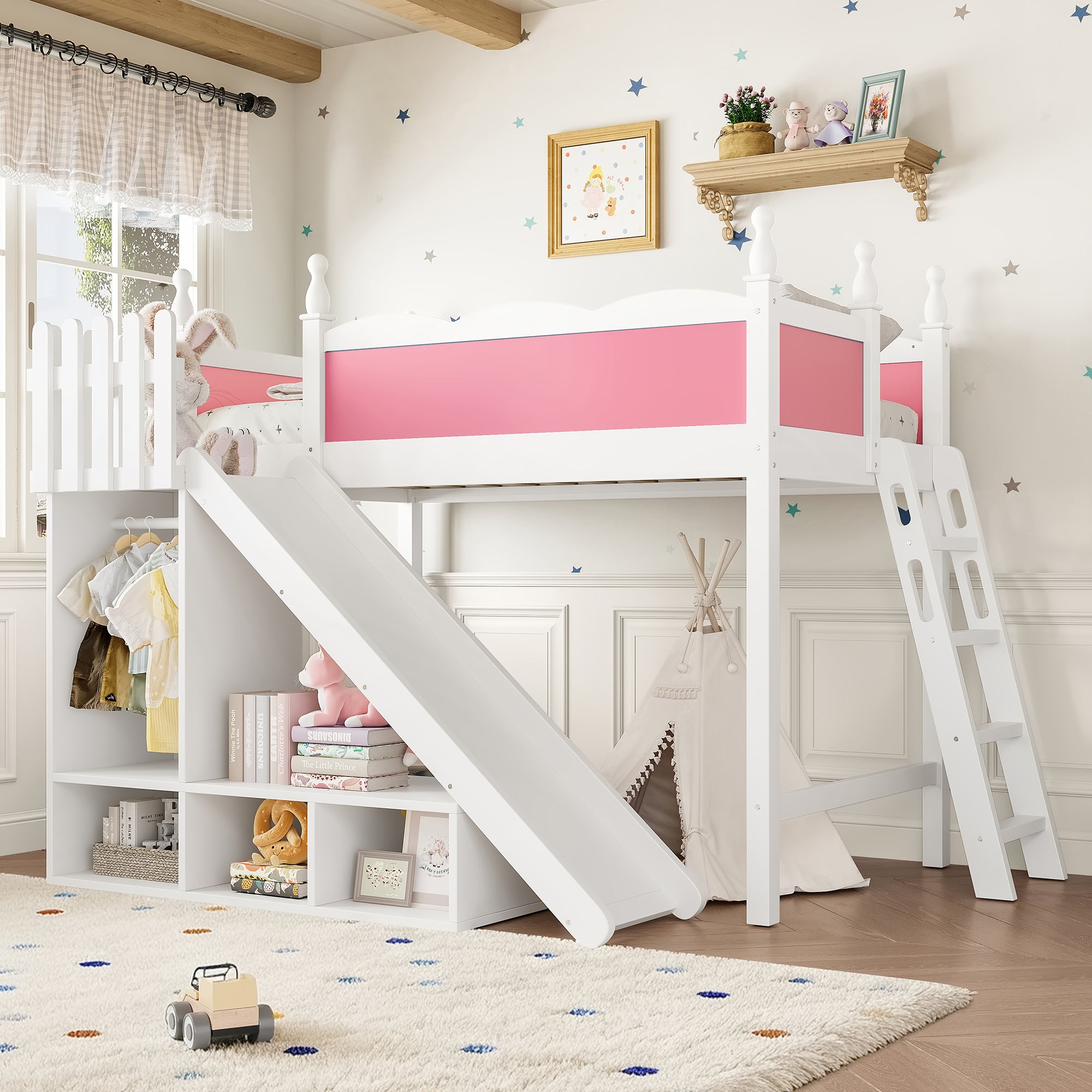 Twin Loft Bed with Storage Shelves and Wardrobe, Solid Wood Loft Beds with Detachable Slide and Ladders, No Spring Box Needed, Pink and White (Patent Protection)