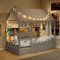 {Slats are not included} Twin Size Montessori House Bed for Kids, Floor Bed with Fence Railings, Tent, Lights & 3 Storage Shelves, Gray