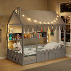 {Slats are not included} Twin Size Montessori House Bed for Kids, Floor Bed with Fence Railings, Tent, Lights & 3 Storage Shelves, Gray