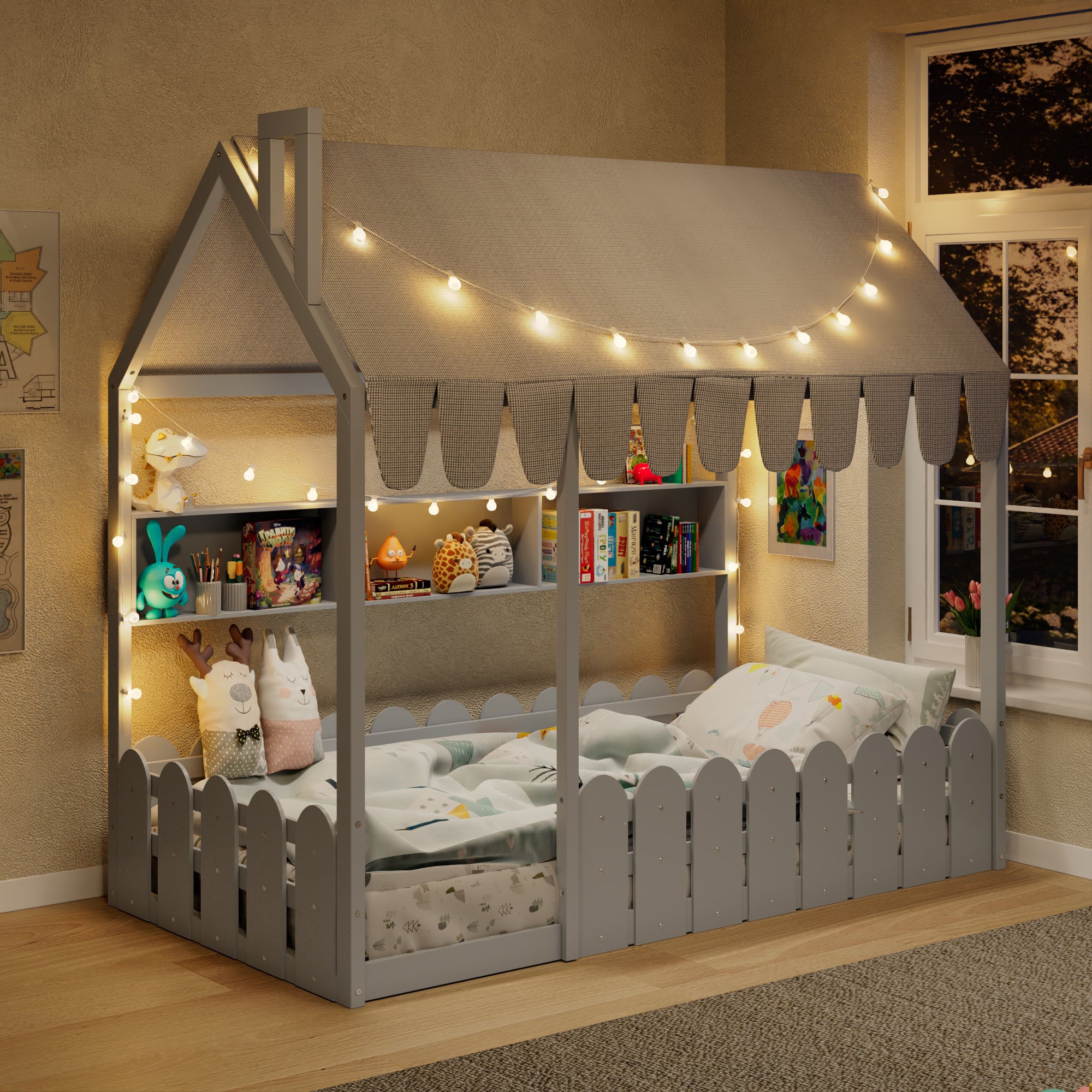 {Slats are not included} Twin Size Montessori House Bed for Kids, Floor Bed with Fence Railings, Tent, Lights & 3 Storage Shelves, Gray