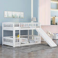 Bunk Bed with Slide,Twin Over Twin Low Bunk Bed with Fence and Ladder for  Kids Teens White
