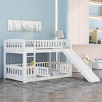 Bunk Bed with Slide,Twin Over Twin Low Bunk Bed with Fence and Ladder for  Kids Teens White