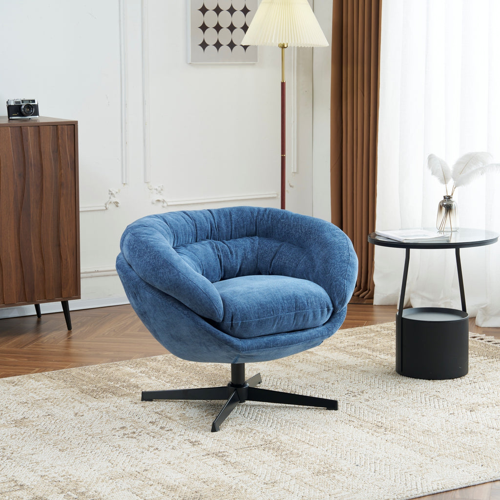 Modern Chenille Office Chair with 360° Swivel, Navy Blue Cotton Upholstery, Black Metal Base, 27.5 Inch Height, Living Room, Bedroom, Study, Reading Nook