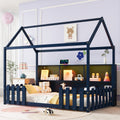 House Bed, Twin Size, Navy Blue, With Roof, LED Light, Storage Bookshelf