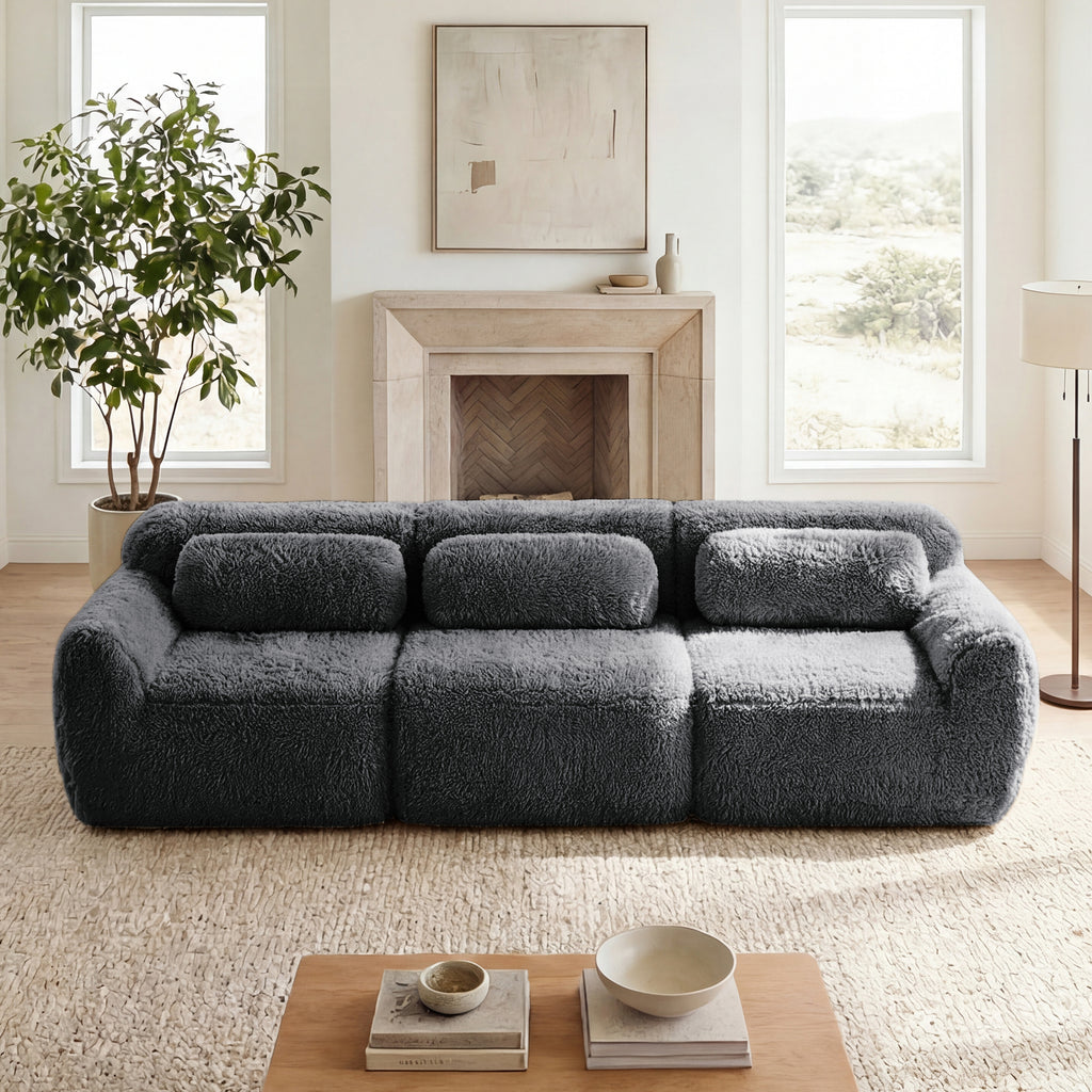 114''Soft And Fluffy  Plush Fabric,Modular Sectional Sofa Couches,Ergonomic Design With Throw Pillows,Full-compression Vacuum Packaging   Buckle Connection  For Study,Home Theater,Dark Grey
