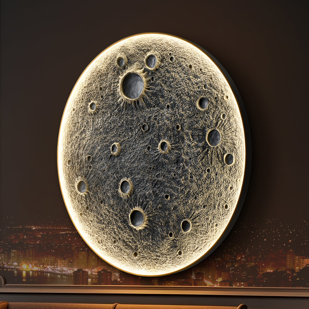 48-Inch Realistic Resin Moon Wall Light – Plug-In Dimmable LED Moon Sconce with Remote Control, 45 W Main & 20 W Night Light, Meteorite Crater Texture, 1.75″ Thick Wall-Mounted Décor for Home & Commer