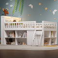 Loft Bed Full Size, White, With Storage, LED Headboard