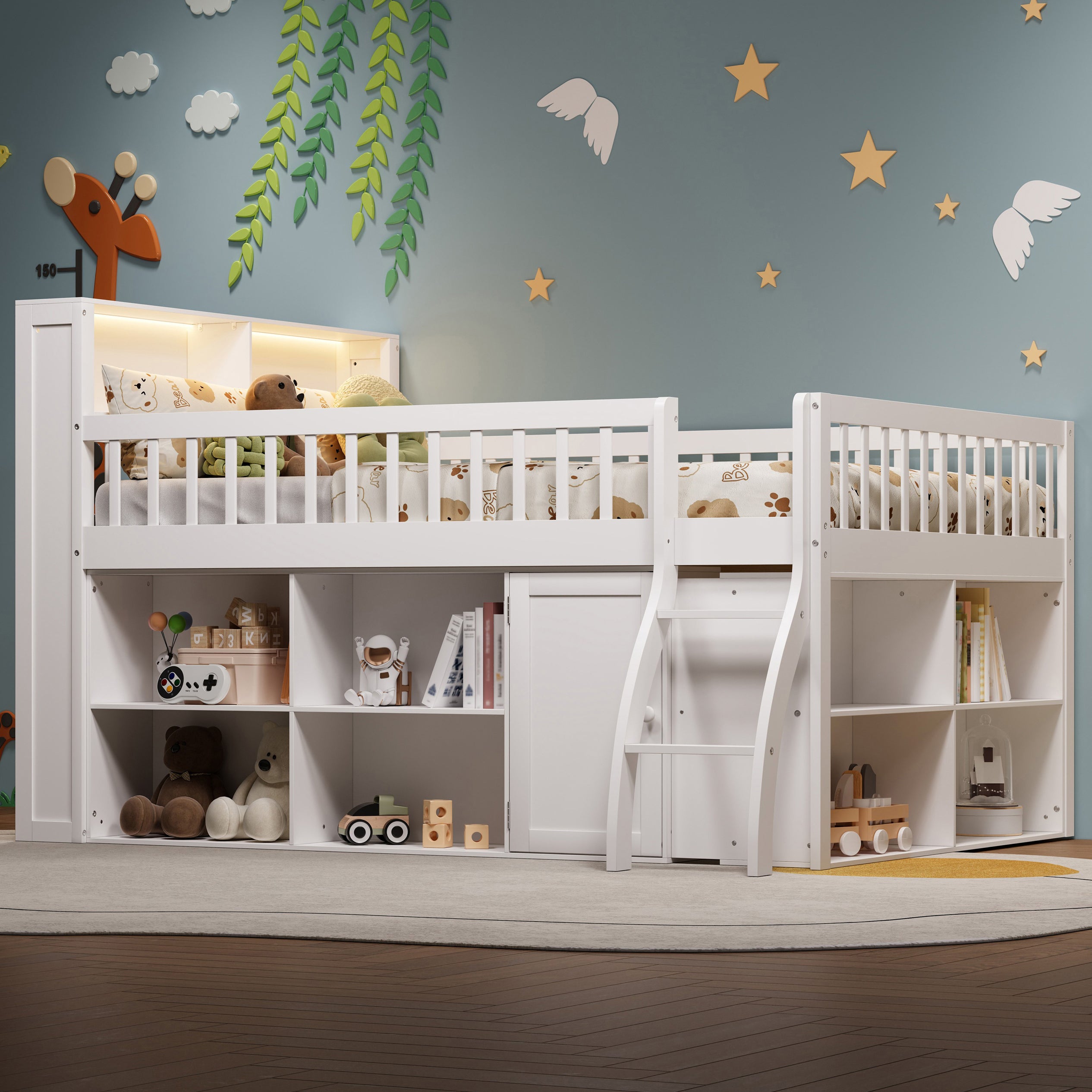 Loft Bed Full Size, White, With Storage, LED Headboard