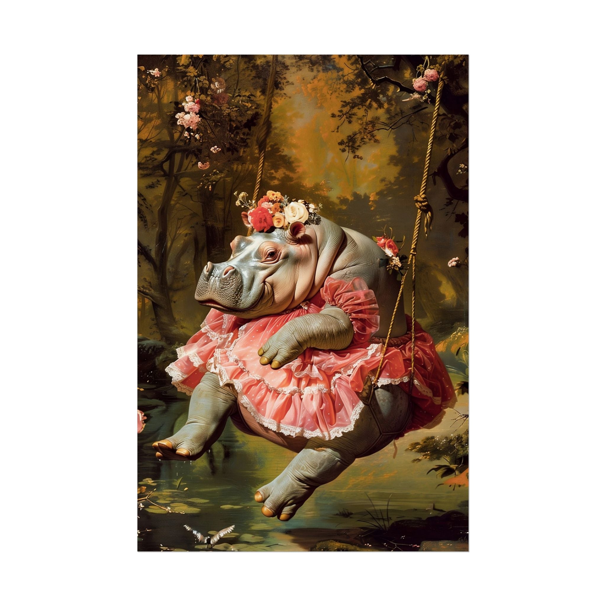 Lady Hippo on Swing | Rococo Style Fine Art Print (Rolled)