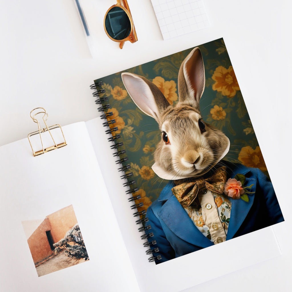 Rabbit Gentleman Spiral Notebook — Cute Vintage Bunny Journal, Floral Dapper Design (Ruled)