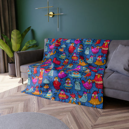 Crushed Velvet Blanket | Whimsical Colorful Chickens